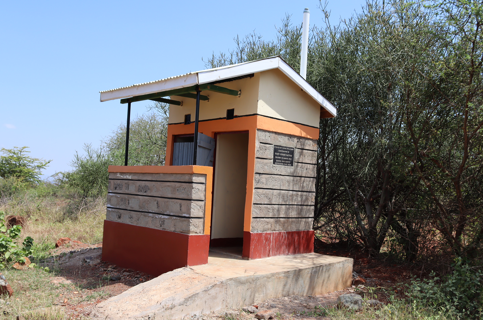 Completed block of 2 door pit latrines for Male and Female Nurses at Mulukusi Dispensary