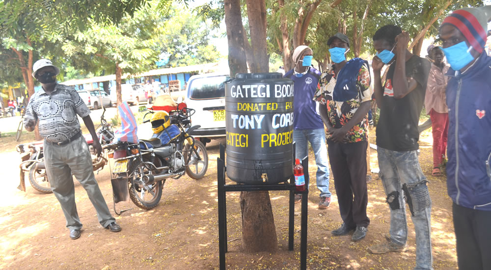 Donation of a hand washing tank to bodaboda riders during COVID-19 pandemic.